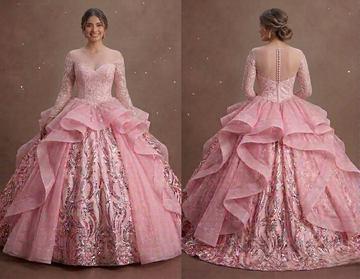 Pink Quinceañera Dress Illusion Neckline Tulle Gown