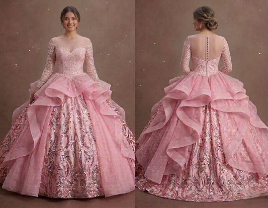 Pink Quinceañera Dress Illusion Neckline Tulle Gown