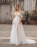 Graceful A-Line Wedding Gown, Off-Shoulder Sleeves, and a Flattering Natural Waistline for a Romantic and Timeless Bridal Look