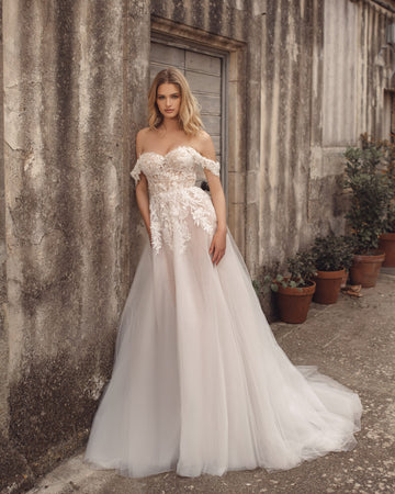 Graceful A-Line Wedding Gown, Off-Shoulder Sleeves, and a Flattering Natural Waistline for a Romantic and Timeless Bridal Look