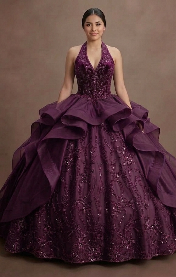 Plum Purple Quinceañera Dress with Velvet Bodice