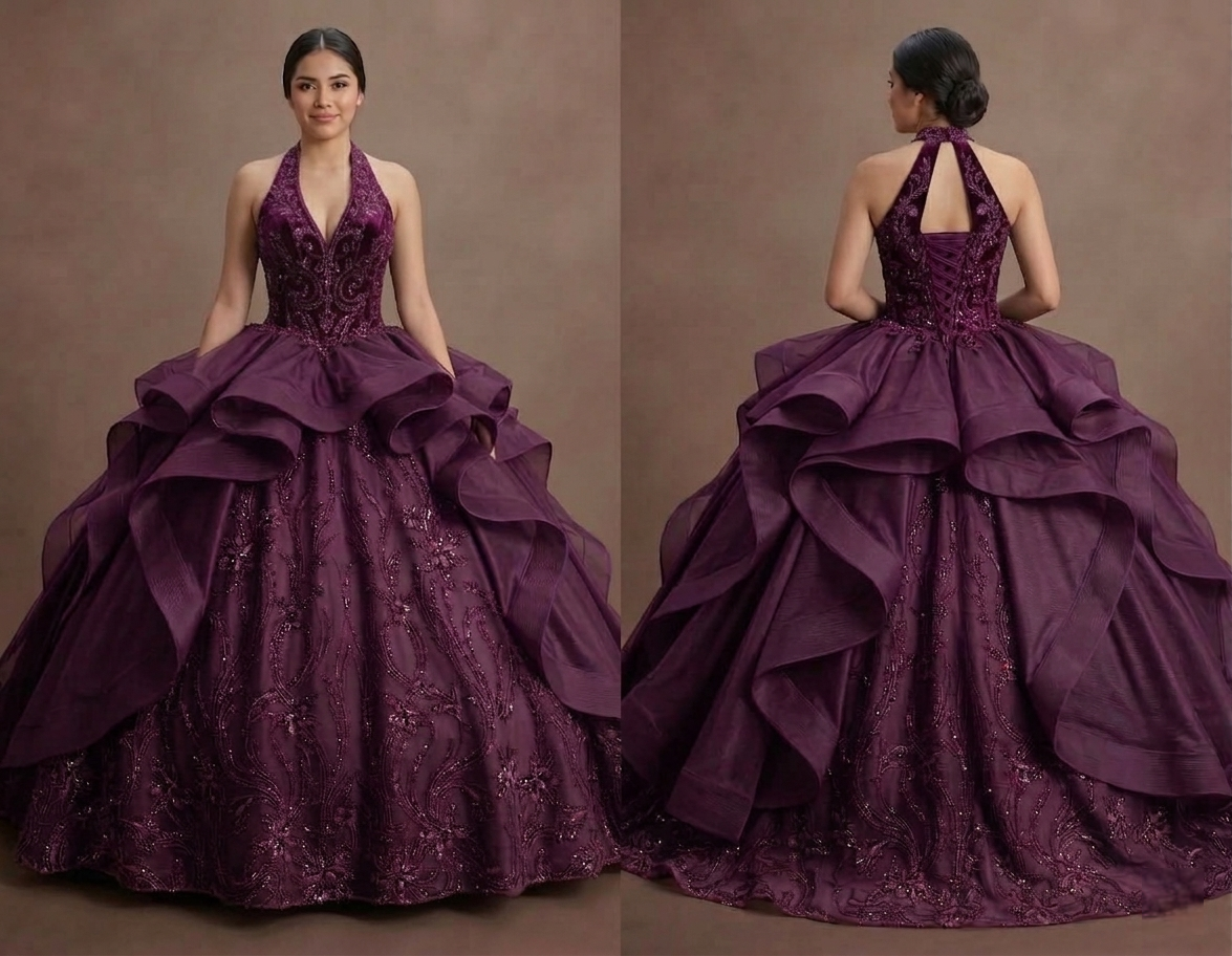 Plum Purple Quinceañera Dress with Velvet Bodice