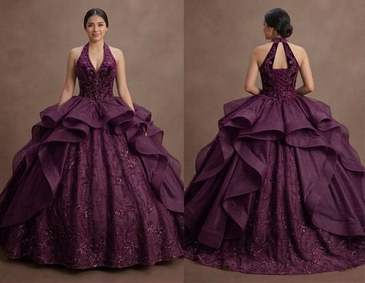 Plum Purple Quinceañera Dress with Velvet Bodice