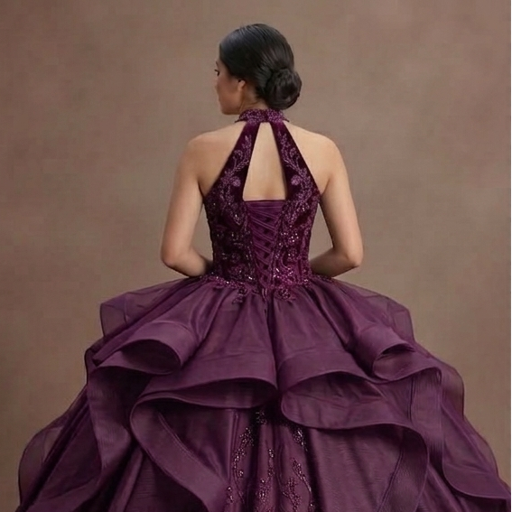 Plum Purple Quinceañera Dress with Velvet Bodice