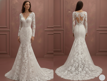 Plunging V-Neck Sleeve Wedding Dress Long Lace Mermaid Gown