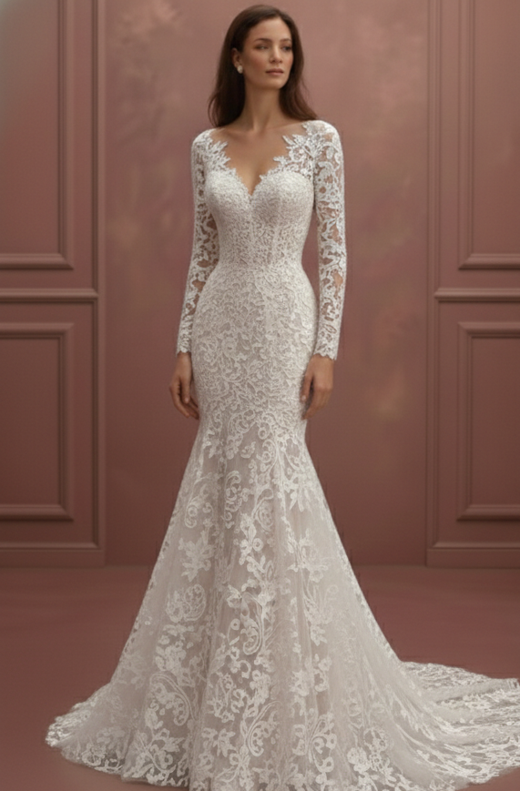 Plunging V-Neck Sleeve Wedding Dress Long Lace Mermaid Gown