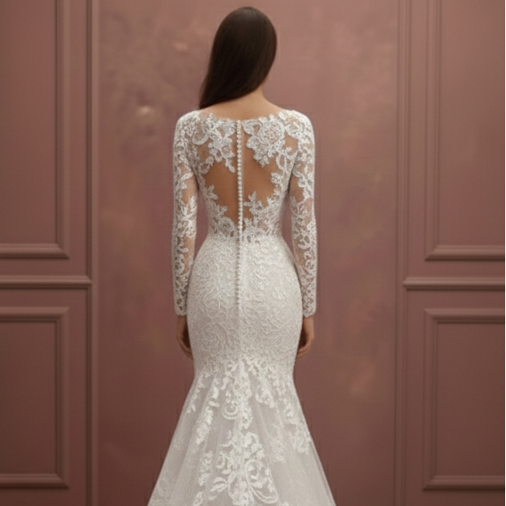 Plunging V-Neck Sleeve Wedding Dress Long Lace Mermaid Gown