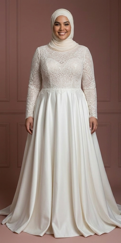 Plus Size Hijab Bridal Gown Flattering Modest Fit Wedding Dress Muslim