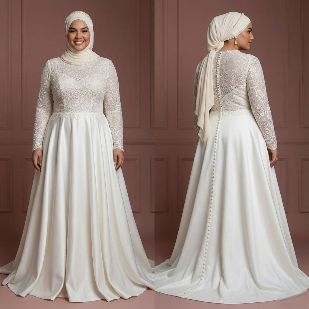 Plus Size Hijab Bridal Gown Flattering Modest Fit Wedding Dress Muslim