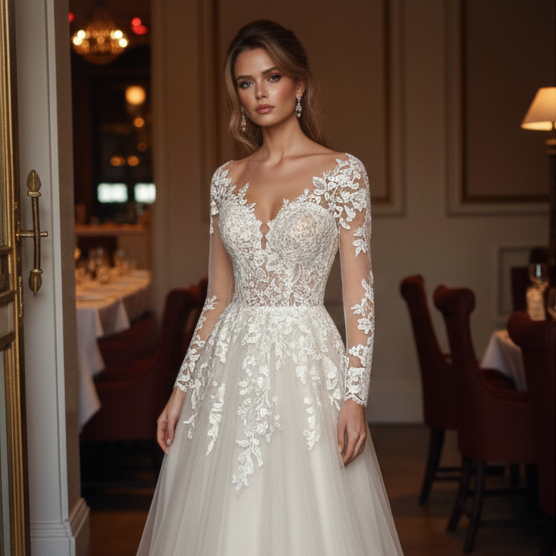 Plus Size Sleeve Wedding Dress Lace Applique Long Tulle Gown