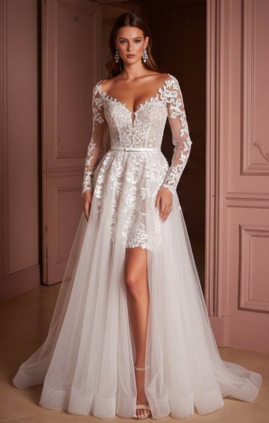 Plus Size Sleeve Wedding Dress Lace Applique Short Tulle Gown