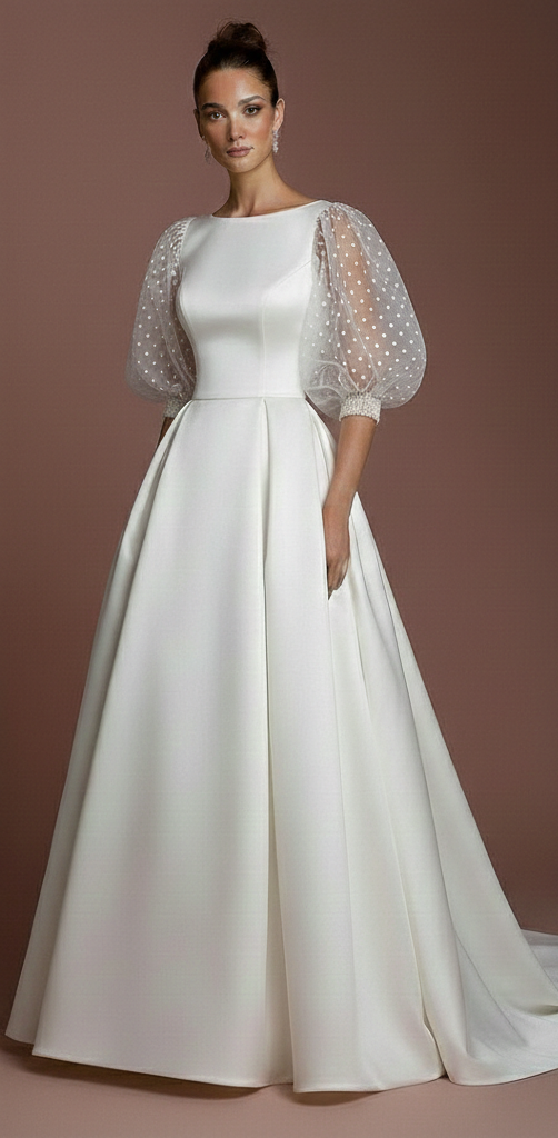 Polka Dot Sleeve Wedding Dress Long Tulle Fun Classic Gown