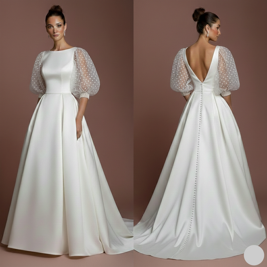 Polka Dot Sleeve Wedding Dress Long Tulle Fun Classic Gown