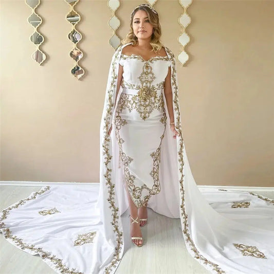 Modest White Traditional Algerian Outfits Mermaid Strapless Appliques Cape With Train Floor Length Formal Prom Gowns