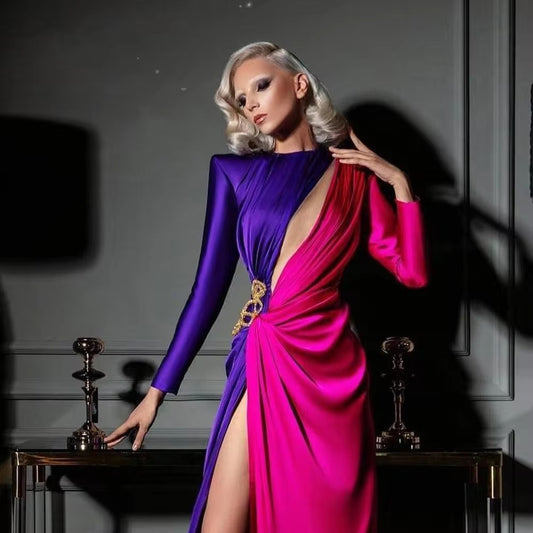 Purple And Fuchsia Arabic Evening Dresses Long Sleeves Satin Prom Gowns High Slit Dubai Formal Women Party Dress