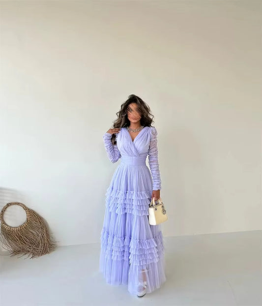 Elegant Arabia Tulle Prom Dress A-Line Long Sleeves Tiered Ruffles Pleat Floor Length Evening Dress vestidos de gala