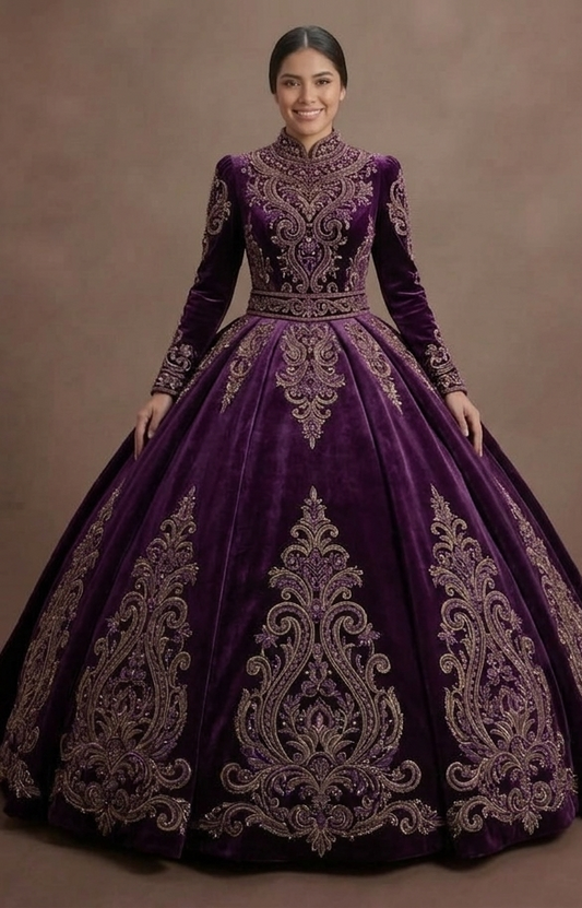 Purple Quinceañera Dress - Eggplant Velvet Formal Gown