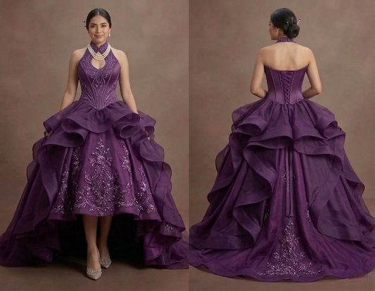 Purple Quinceañera Dress - High-Low Organza Skirt
