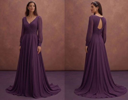 Purple Wedding Dress A-Line Chiffon Flowing Bridal Gown