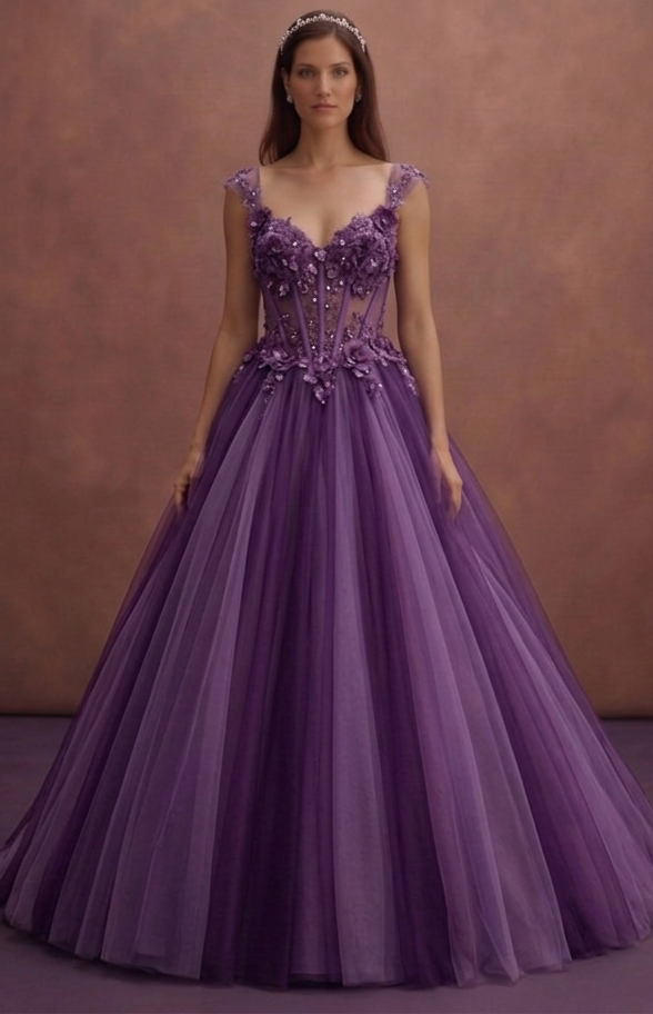 Purple Wedding Dress Ball Gown Tulle Princess Style