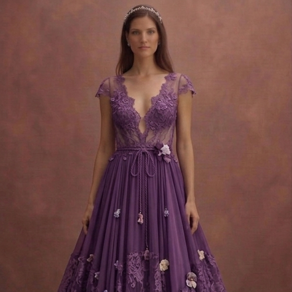 Purple Wedding Dress Bohemian Chiffon Floral Lace Dress