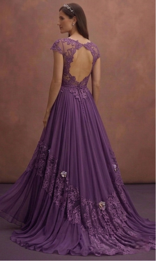 Purple Wedding Dress Bohemian Chiffon Floral Lace Dress