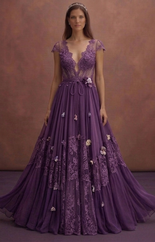 Purple Wedding Dress Bohemian Chiffon Floral Lace Dress