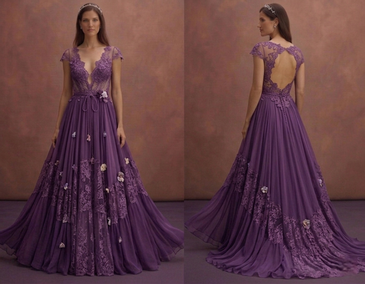 Purple Wedding Dress Bohemian Chiffon Floral Lace Dress