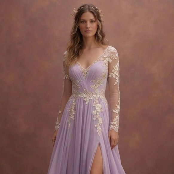 Purple Wedding Dress Boho Chiffon Lightweight Lace Gown