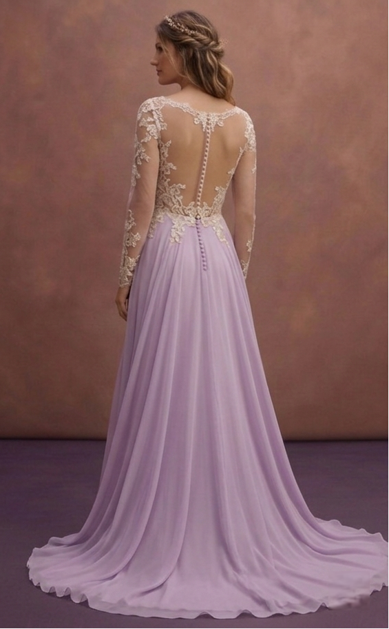 Purple Wedding Dress Boho Chiffon Lightweight Lace Gown