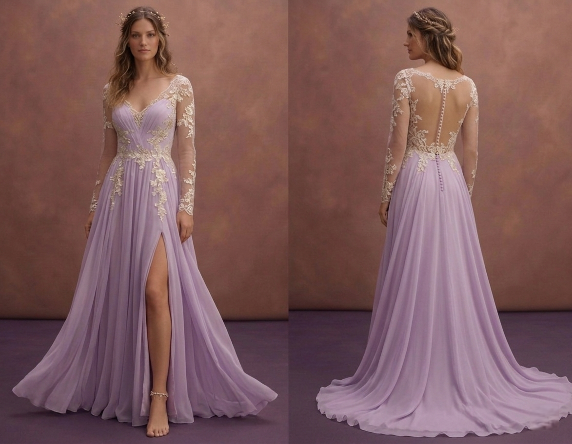 Purple Wedding Dress Boho Chiffon Lightweight Lace Gown