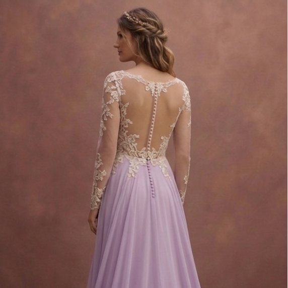 Purple Wedding Dress Boho Chiffon Lightweight Lace Gown