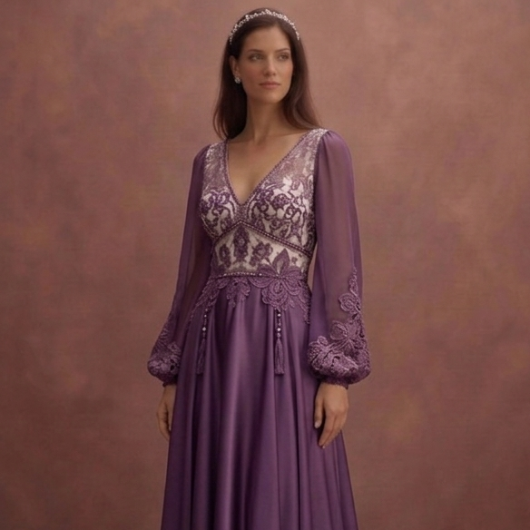Purple Wedding Dress Boho Lace Satin Mixed Fabric Gown