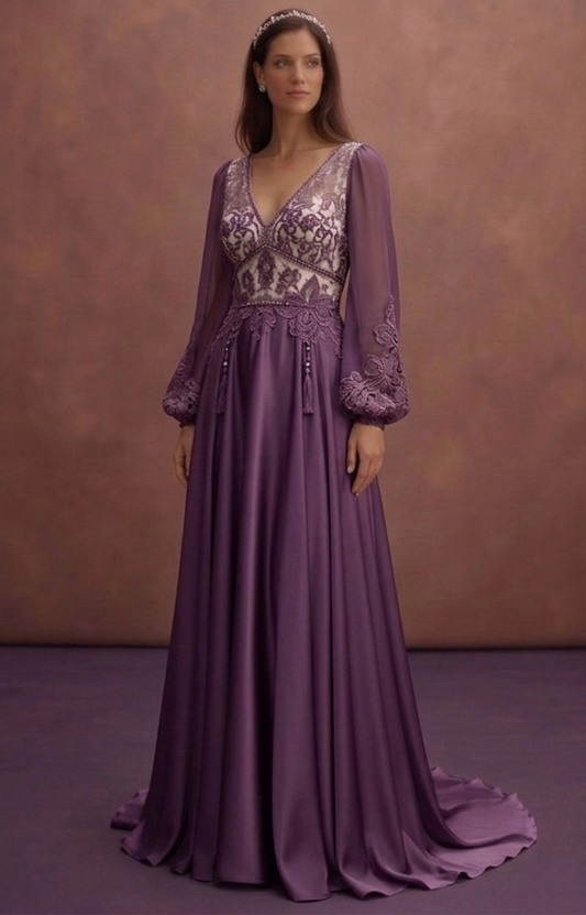Purple Wedding Dress Boho Lace Satin Mixed Fabric Gown