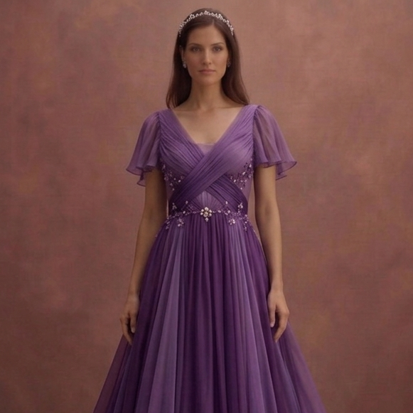 Purple Wedding Dress Empire Waist Chiffon Flowing Dress