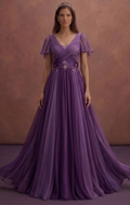 Purple Wedding Dress Empire Waist Chiffon Flowing Dress