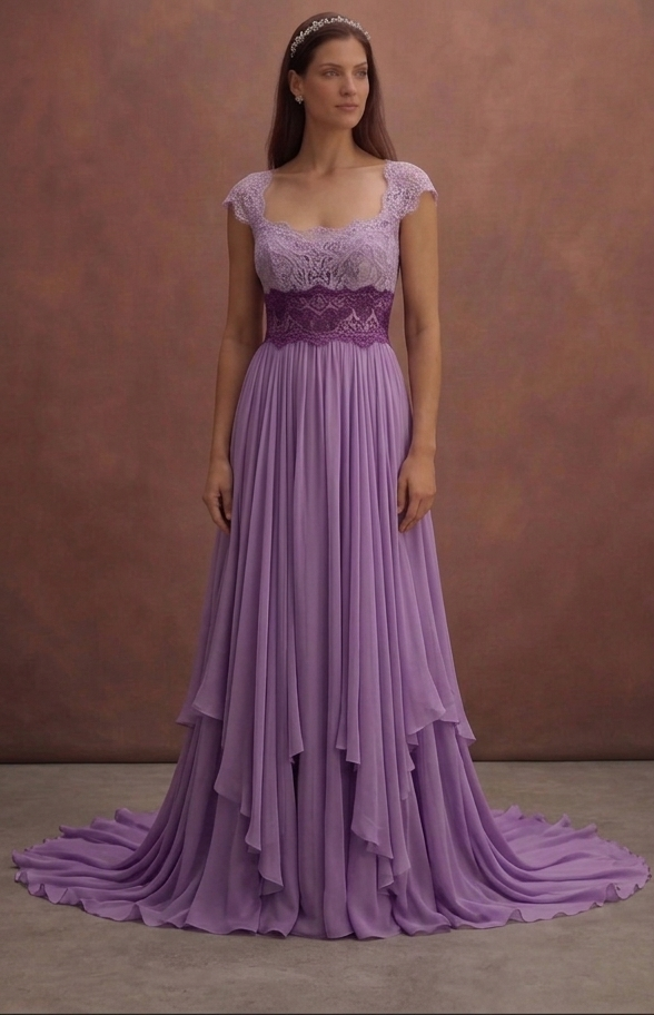 Purple Wedding Dress Empire Waist Lace Soft Flow Dress