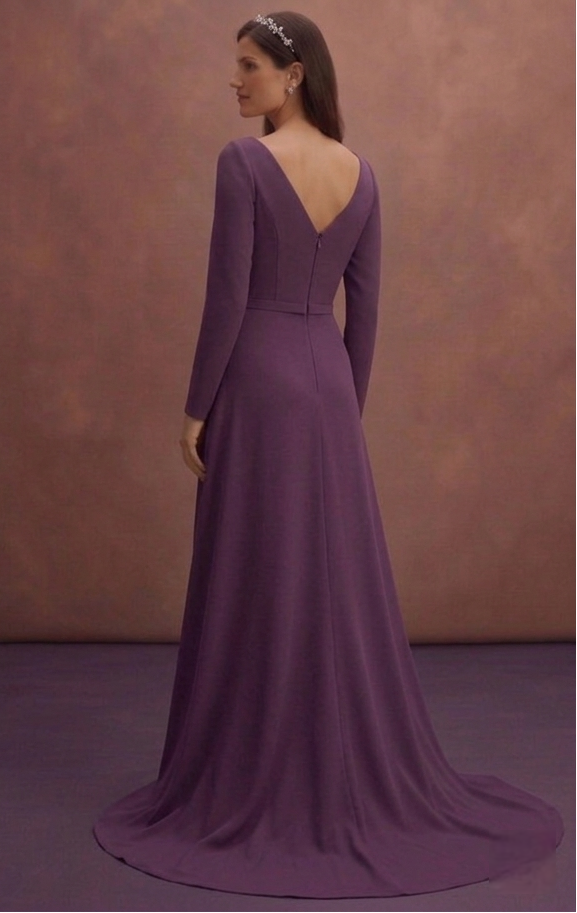 Purple Wedding Dress Long Sleeve Crepe Modern Classic Gown