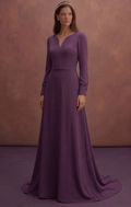 Purple Wedding Dress Long Sleeve Crepe Modern Classic Gown
