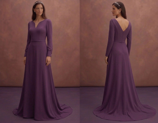 Purple Wedding Dress Long Sleeve Crepe Modern Classic Gown