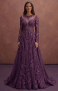 Purple Wedding Dress Long Sleeve Lace Romantic Bridal Dress