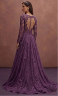 Purple Wedding Dress Long Sleeve Lace Romantic Bridal Dress