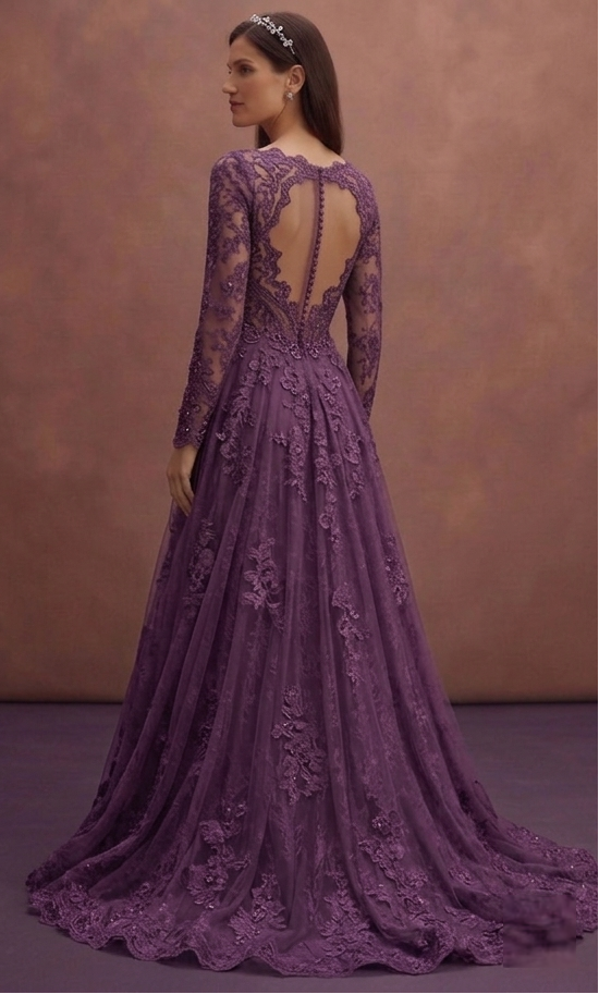 Purple Wedding Dress Long Sleeve Lace Romantic Bridal Dress