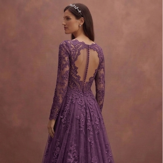 Purple Wedding Dress Long Sleeve Lace Romantic Bridal Dress