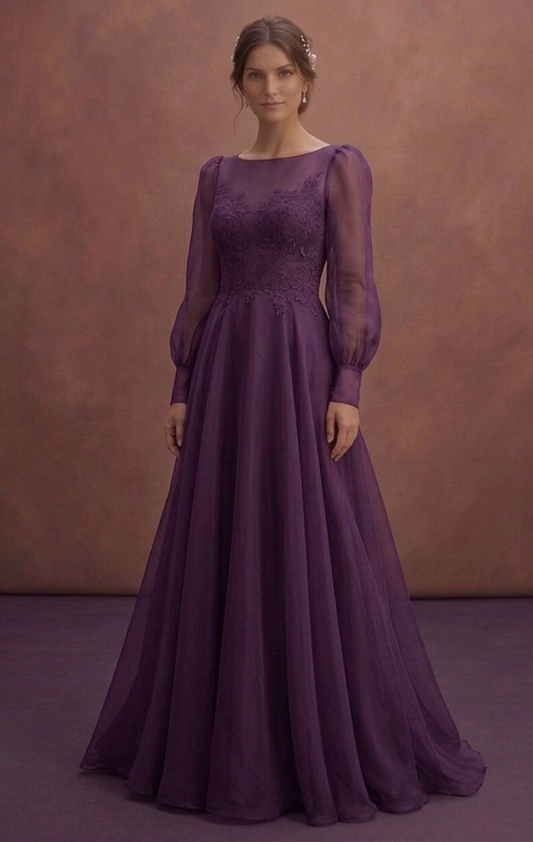 Purple Wedding Dress Long Sleeve Organza Elegant Bridal Gown