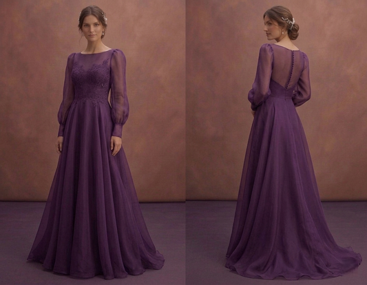 Purple Wedding Dress Long Sleeve Organza Elegant Bridal Gown