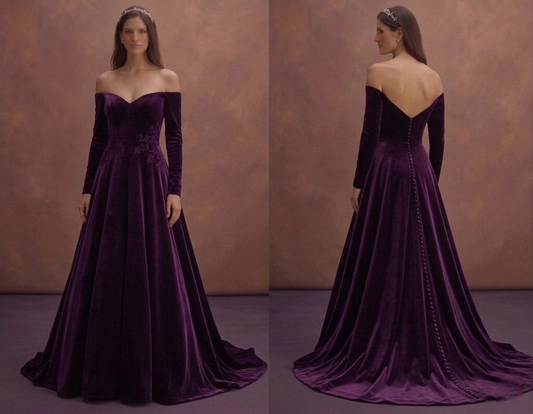 Purple Wedding Dress Long Sleeve Velvet Elegant Gown