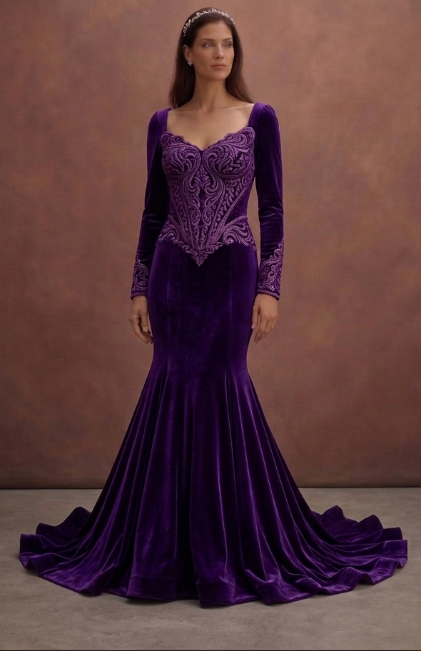 Purple Wedding Dress Mermaid Velvet Royal Bridal Dress