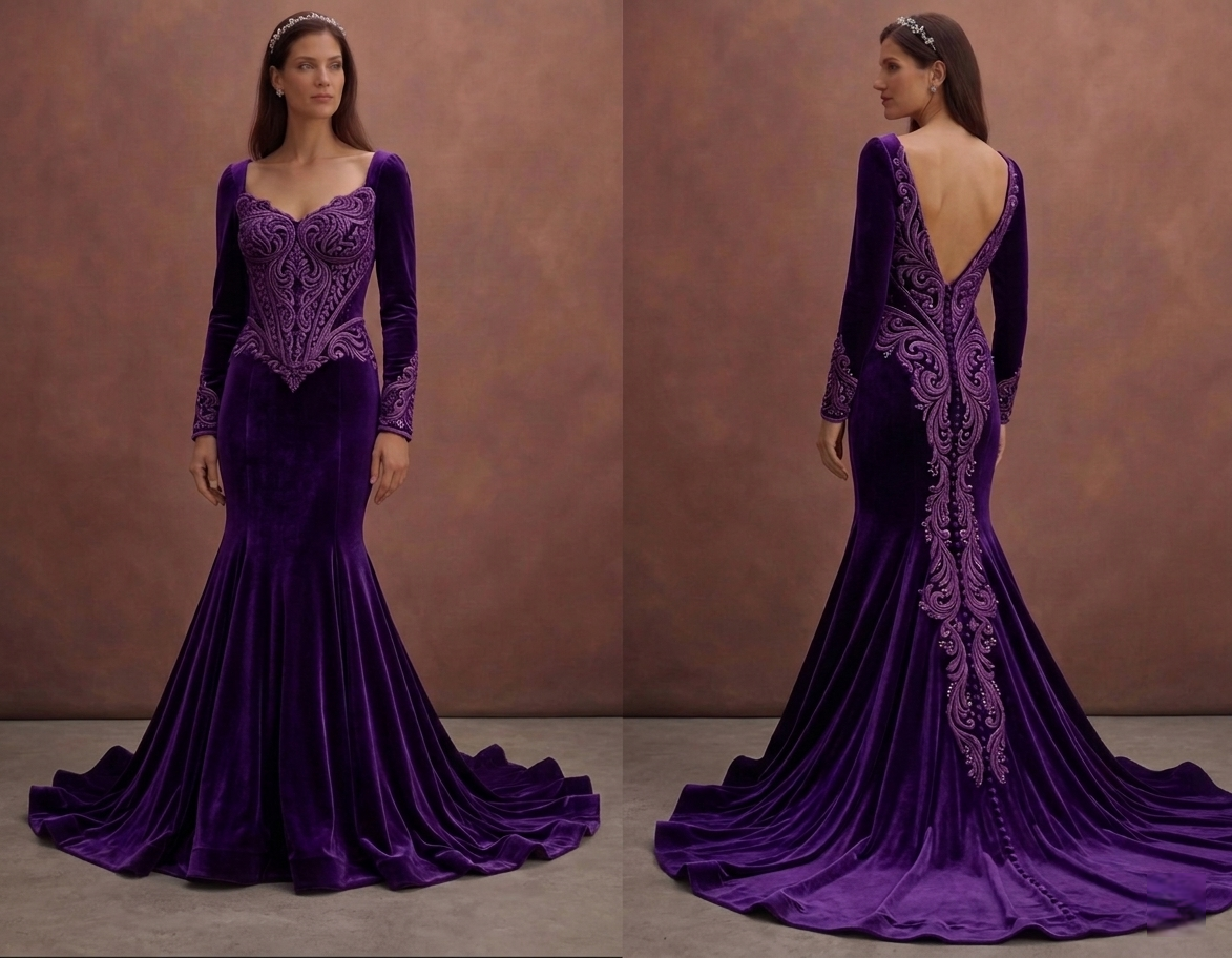 Purple Wedding Dress Mermaid Velvet Royal Bridal Dress