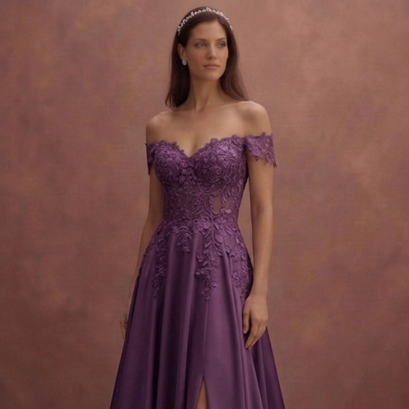 Purple Wedding Dress Off Shoulder Lace Romantic Style Dress